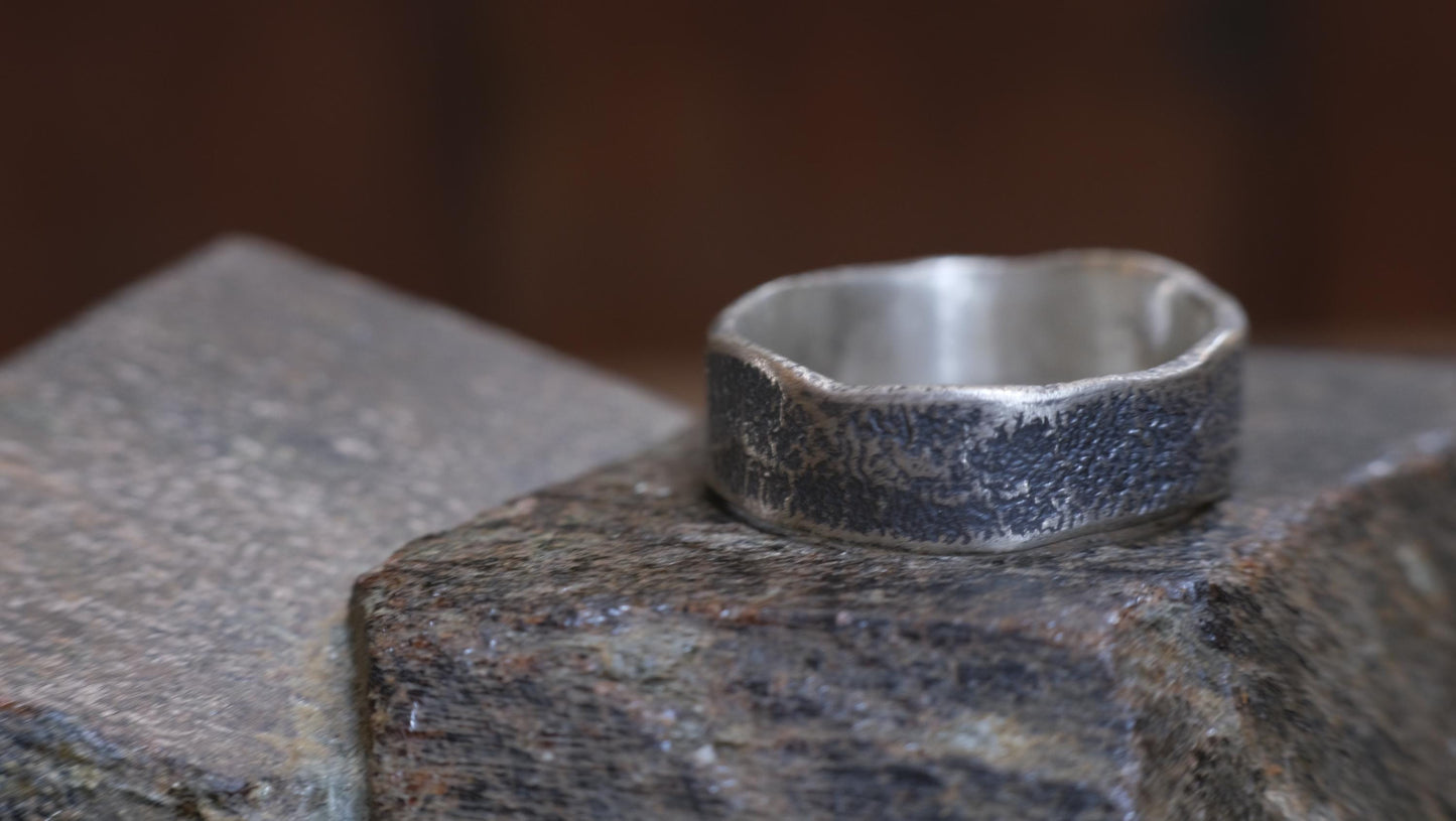 Oxidised Reticulated Hammered Wide Banded Sterling Silver Ring Custom Made to Order