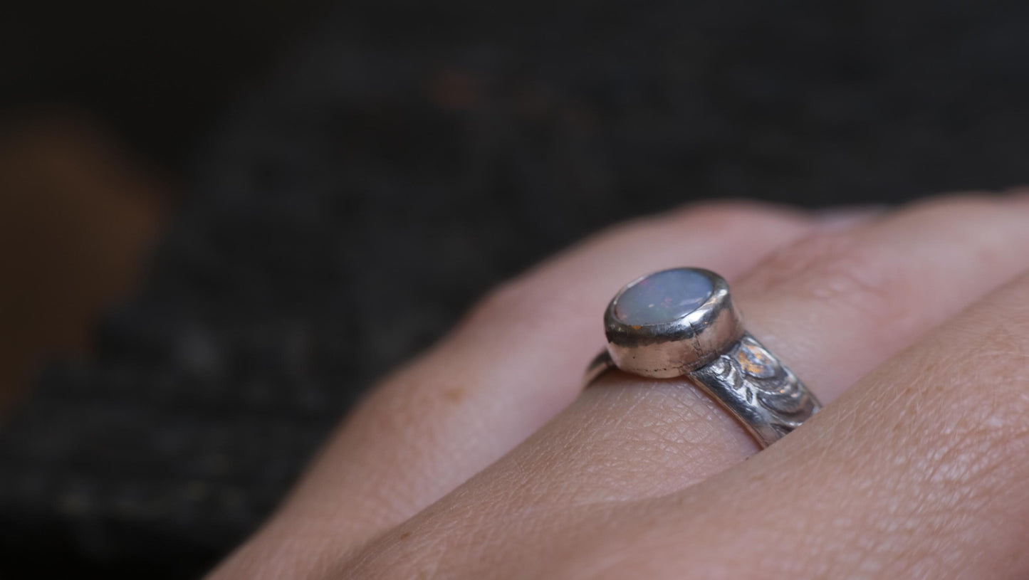 Lightning Ridge Solid Opal and Paisley Textured Sterling Silver Ring US Size 7