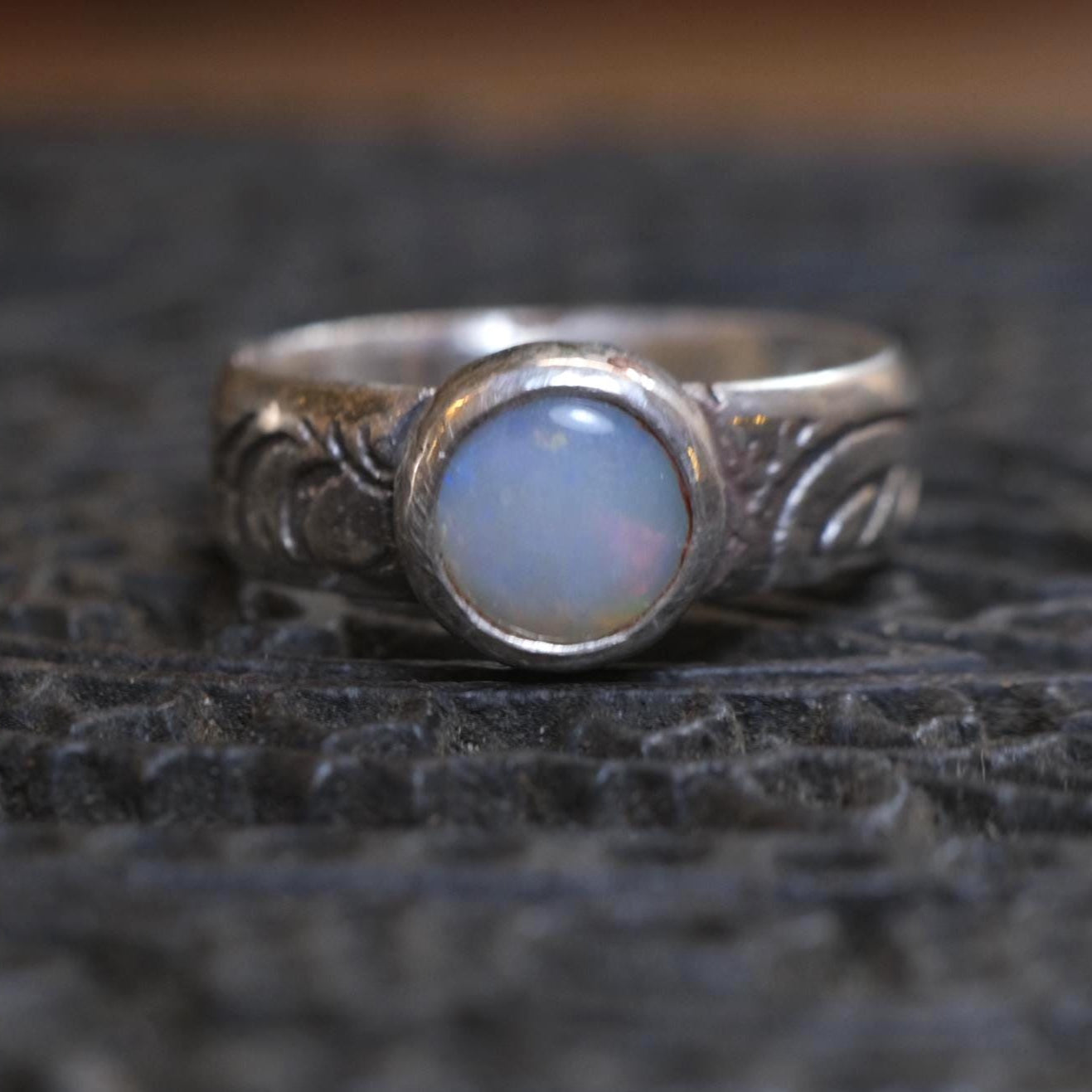 Lightning Ridge Solid Opal and Paisley Textured Sterling Silver Ring US Size 7