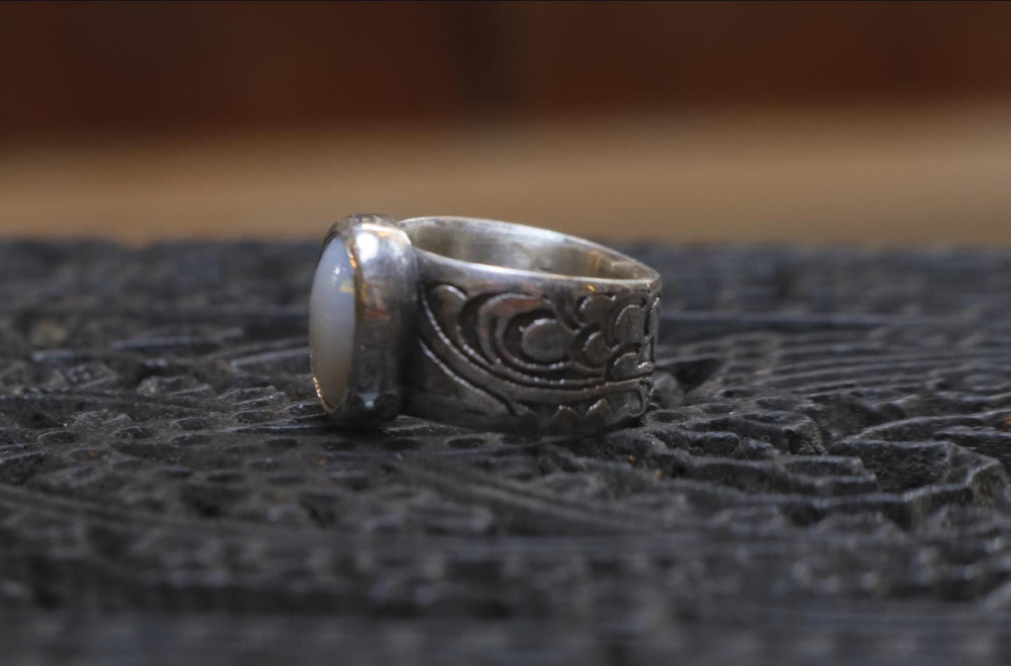 Coober Pedy White Opal Wide Banded Paisley Textured Sterling Silver Ring US Size 5.5