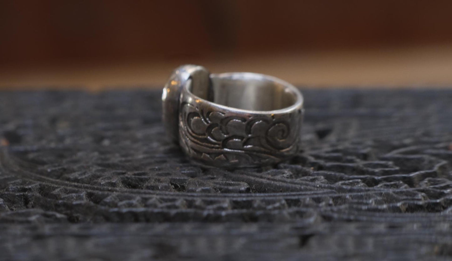 Coober Pedy White Opal Wide Banded Paisley Textured Sterling Silver Ring US Size 5.5