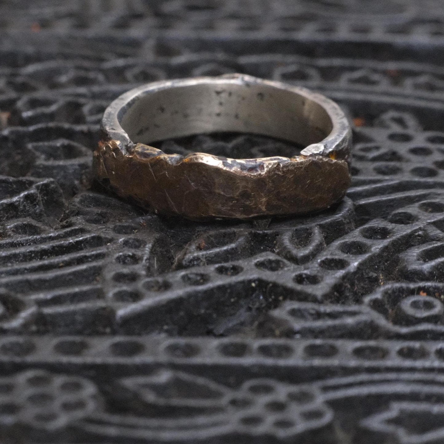 Unique Molten Textured 9ct Gold and Sterling SIlver Ring US Size 8.25