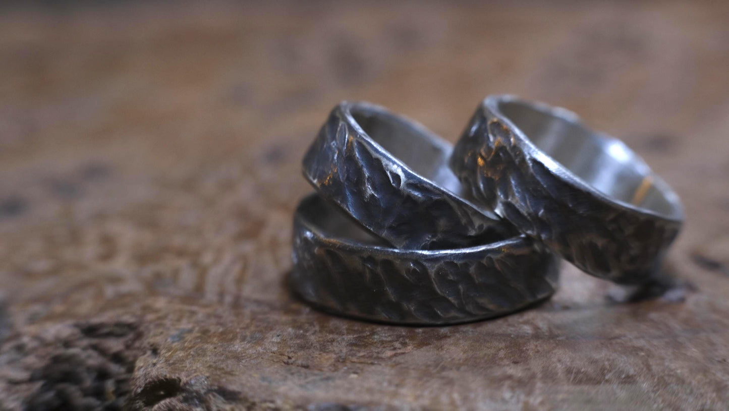 Bark Texture Oxidised Silver Ring / Band US Sizes