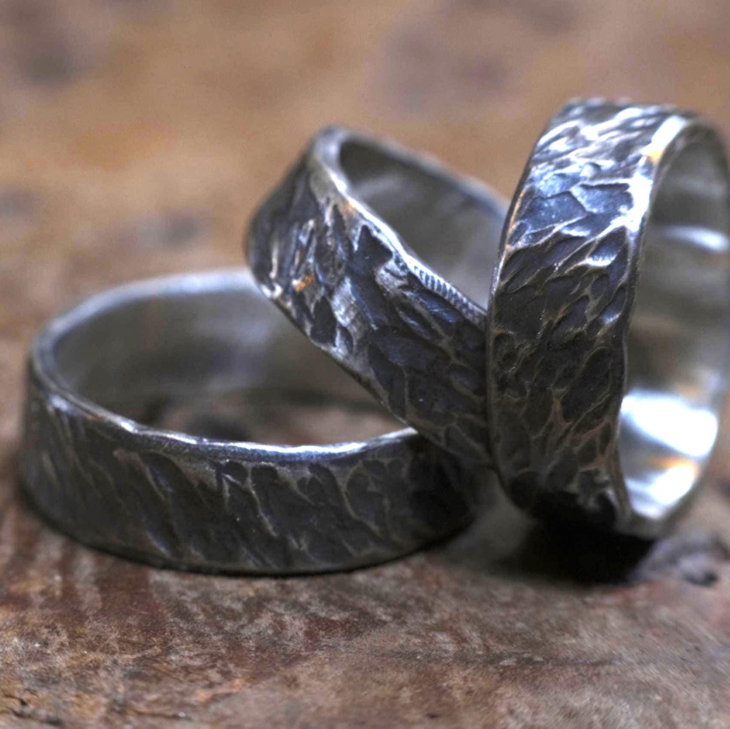 Bark Texture Oxidised Silver Ring / Band US Sizes