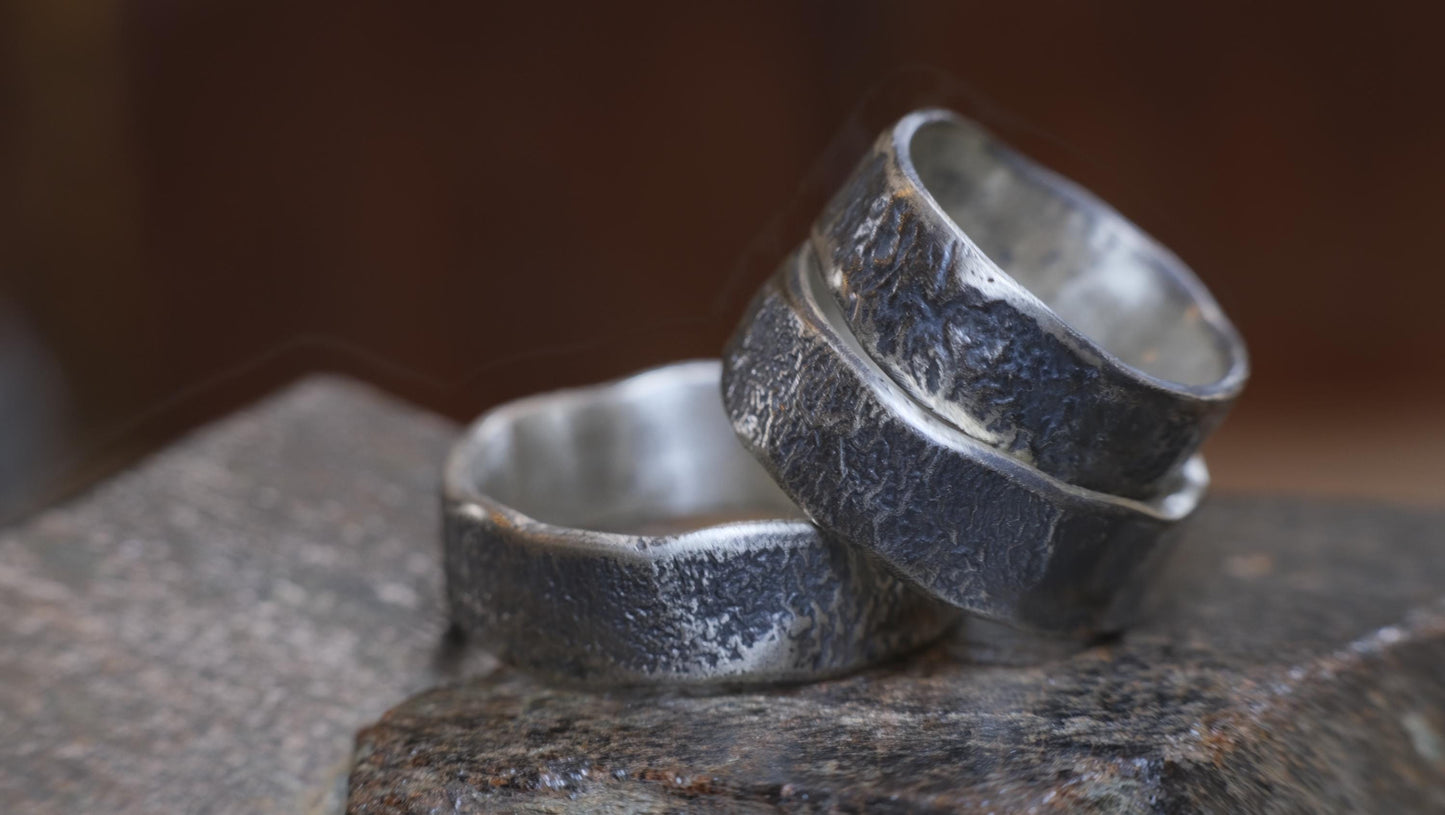 Oxidised Reticulated Hammered Wide Banded Sterling Silver Ring Custom Made to Order