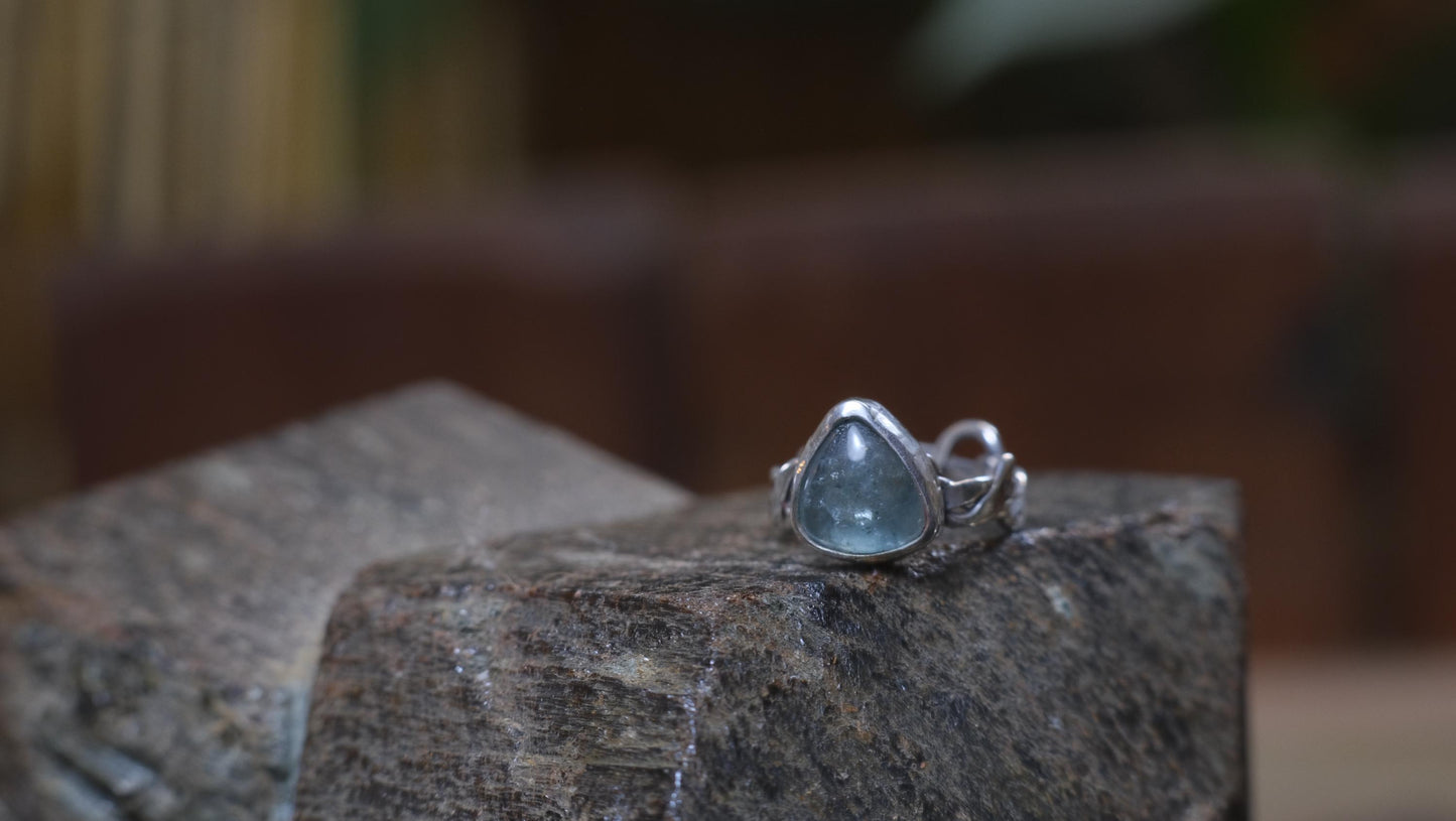 Blue Tourmaline with Braided Sterling Silver Ring Band US Size 5.75