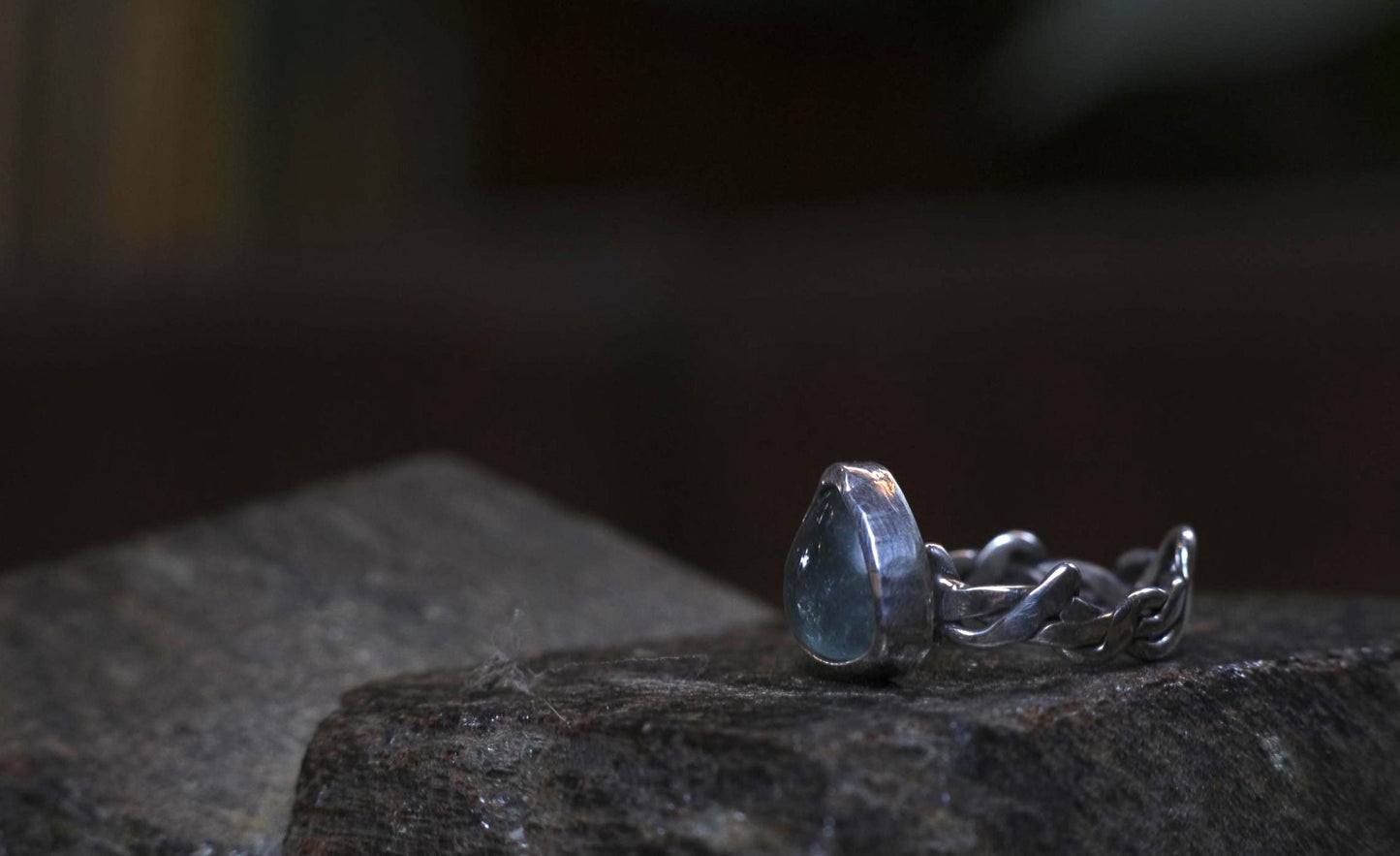Blue Tourmaline with Braided Sterling Silver Ring Band US Size 5.75