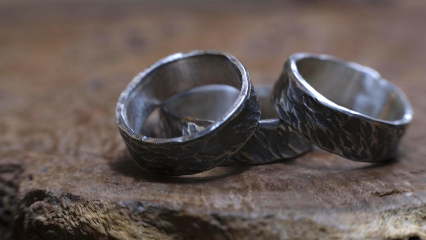 Bark Texture Oxidised Silver Ring / Band US Sizes