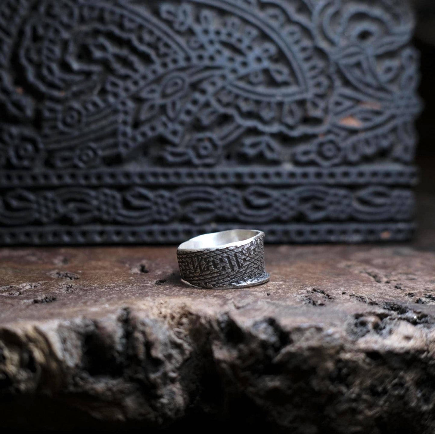Handmade Sterling Silver Wide Banded Textured Ring - Oxidised Finish