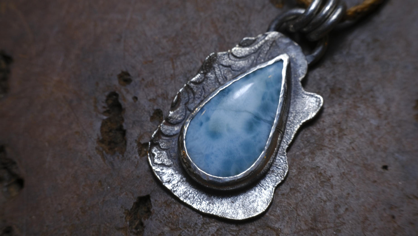 Sterling Silver Larimar Pendant on Braided Adjustable Cord OOAK