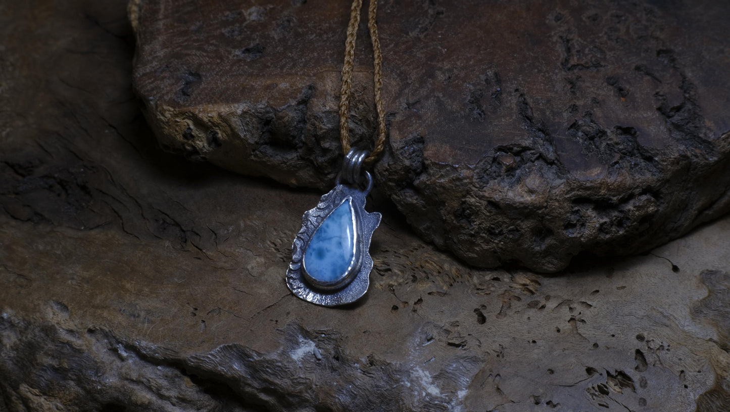 Sterling Silver Larimar Pendant on Braided Adjustable Cord OOAK