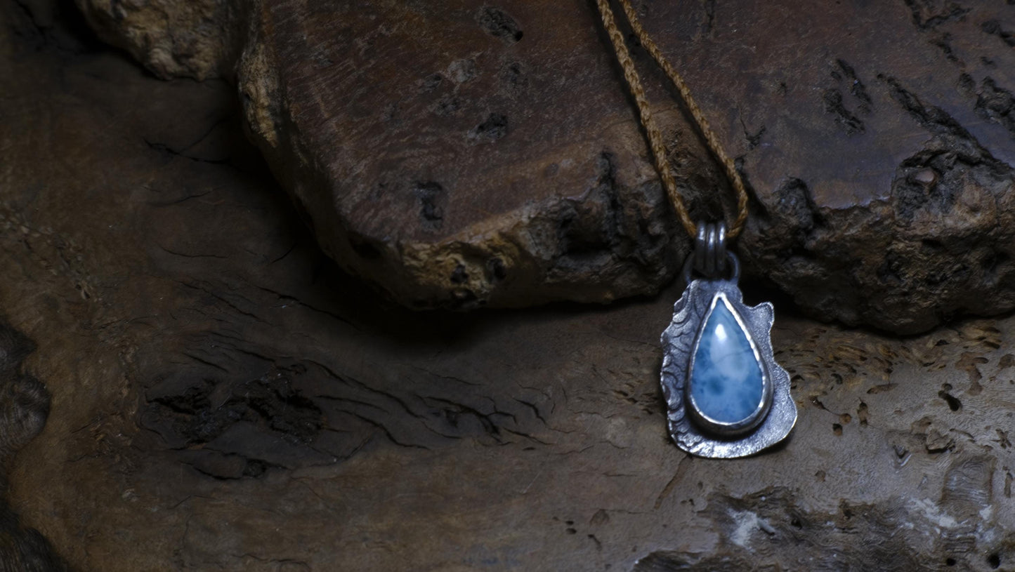 Sterling Silver Larimar Pendant on Braided Adjustable Cord OOAK