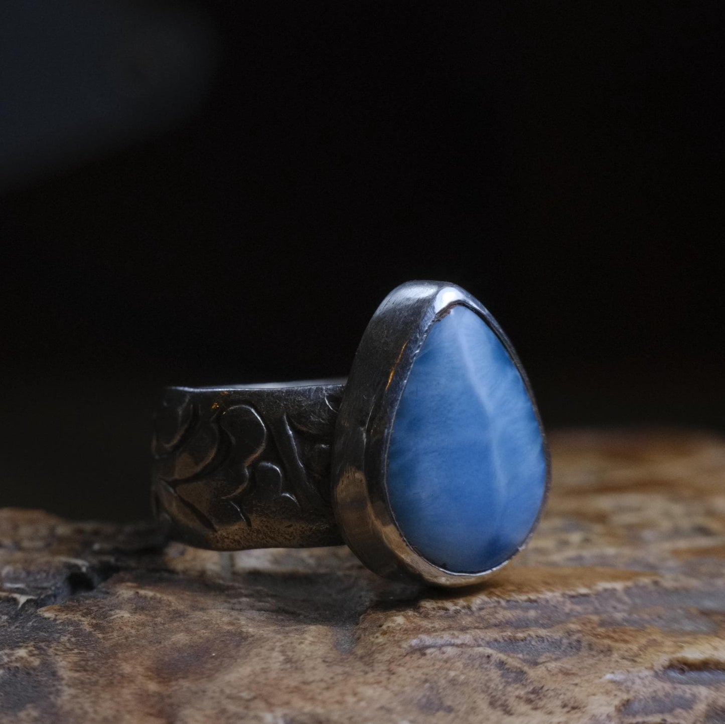 Larimar and Sterling Silver Pirate Inspired Wide Banded Ring Size US 7.25