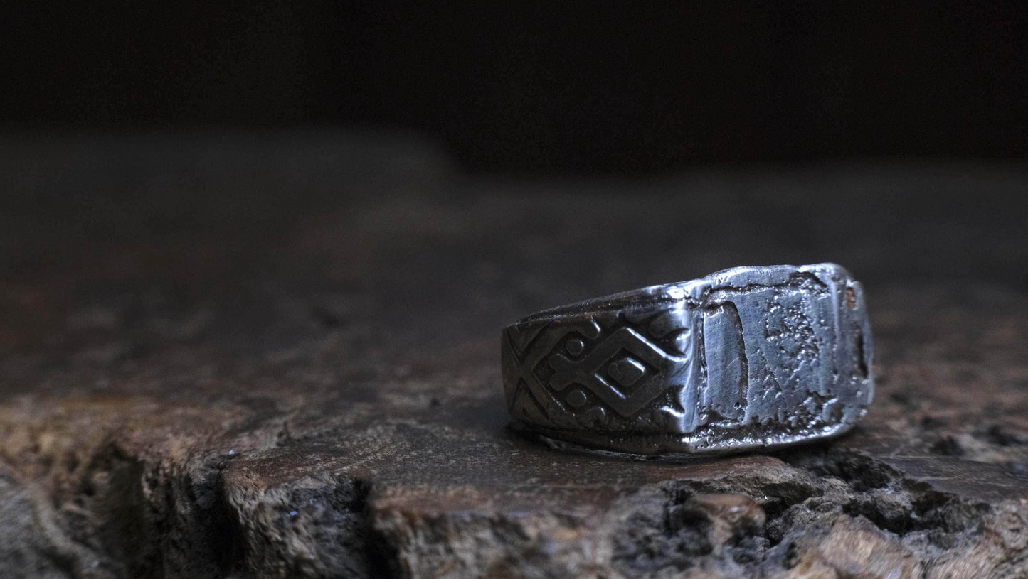 Handmade Sterling Silver Geometric Ring - Wide Band Southwestern Inspired US Size 10