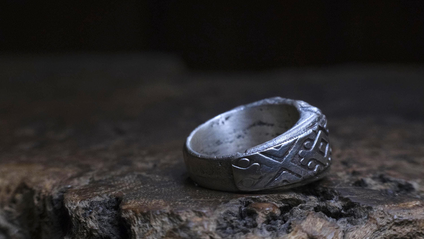 Handmade Sterling Silver Geometric Ring - Wide Band Southwestern Inspired US Size 10