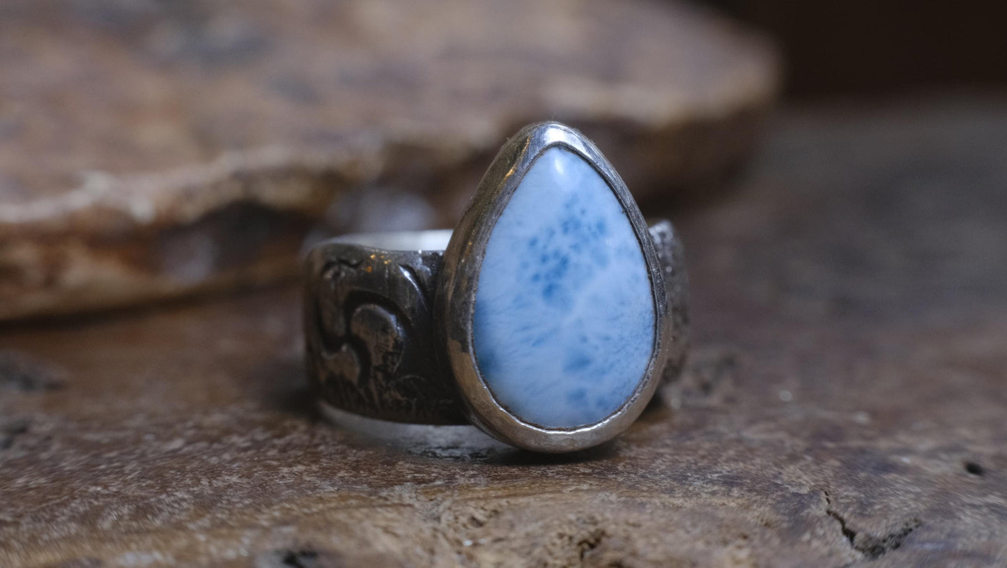 Larimar and Sterling Silver Pirate Inspired Wide Banded Ring Size US9