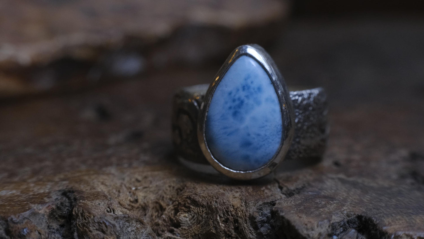 Larimar and Sterling Silver Pirate Inspired Wide Banded Ring Size US9