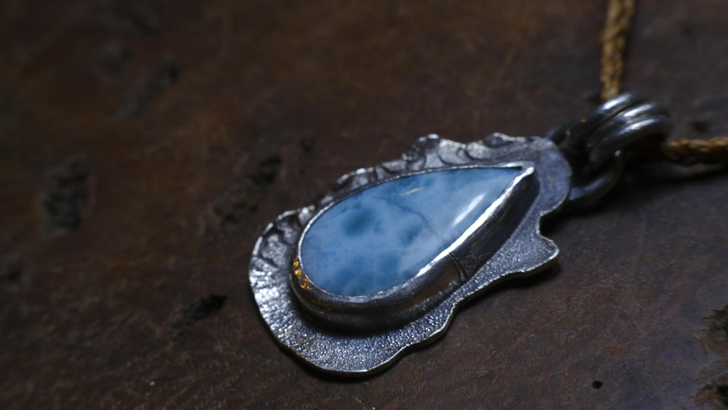 Sterling Silver Larimar Pendant on Braided Adjustable Cord OOAK