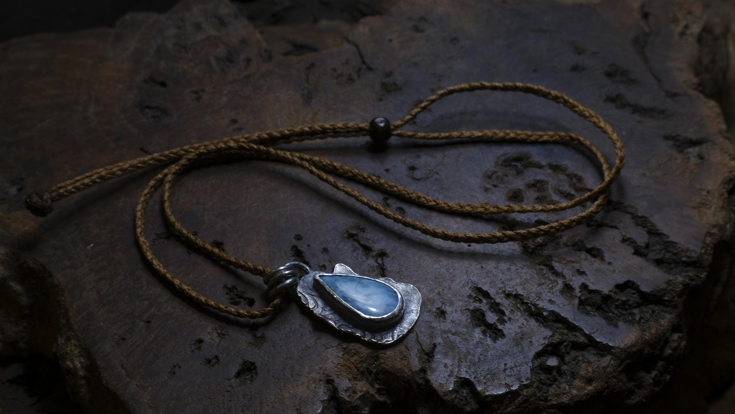 Sterling Silver Larimar Pendant on Braided Adjustable Cord OOAK