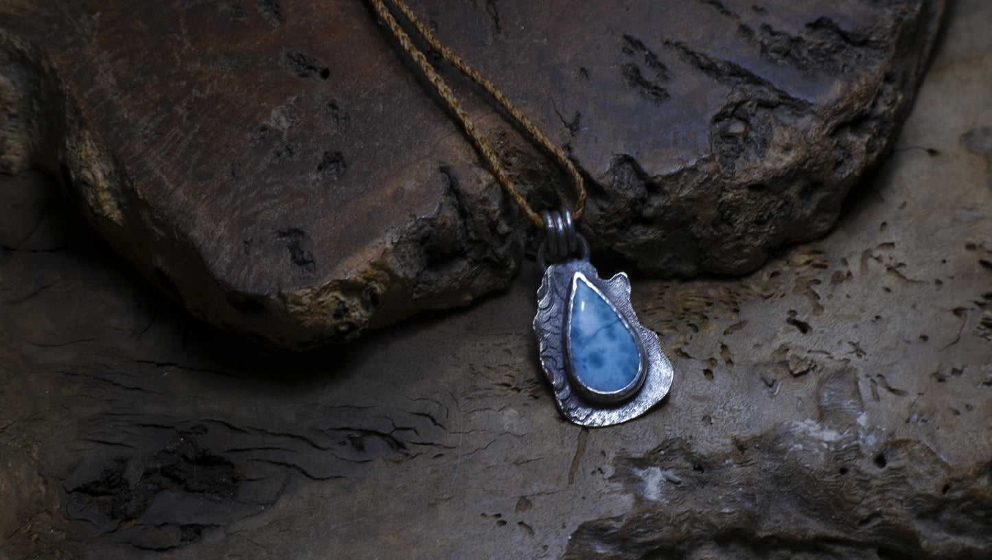 Sterling Silver Larimar Pendant on Braided Adjustable Cord OOAK