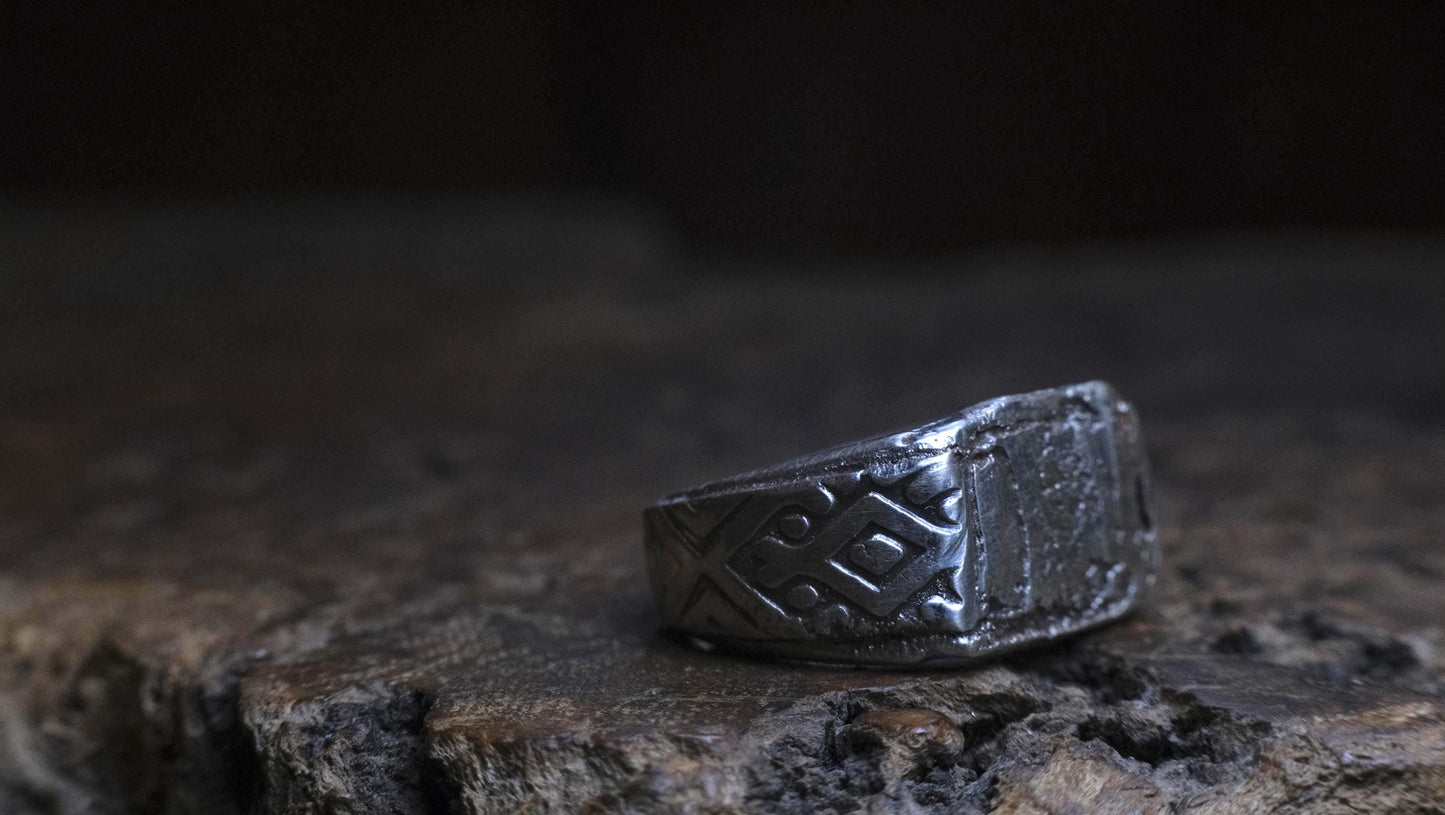 Handmade Sterling Silver Geometric Ring - Wide Band Southwestern Inspired US Size 10