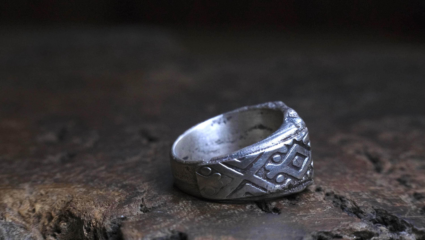 Handmade Sterling Silver Geometric Ring - Wide Band Southwestern Inspired US Size 10
