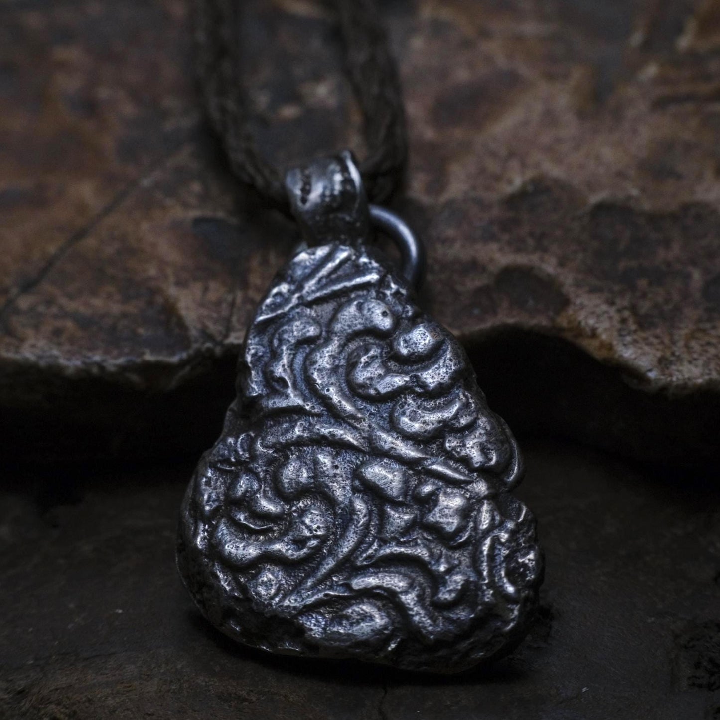 Handmade Sterling Silver Textured Pendant on Adjustable Cord