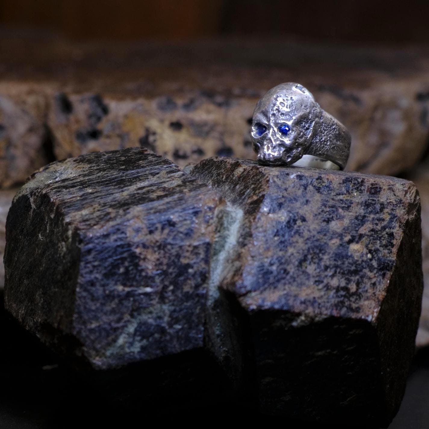 Diamond and Sapphire Sterling Silver Handcrafted Skull Ring US Size 13