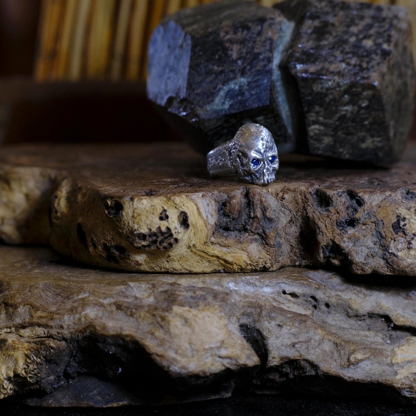 Diamond and Sapphire Sterling Silver Handcrafted Skull Ring US Size 13