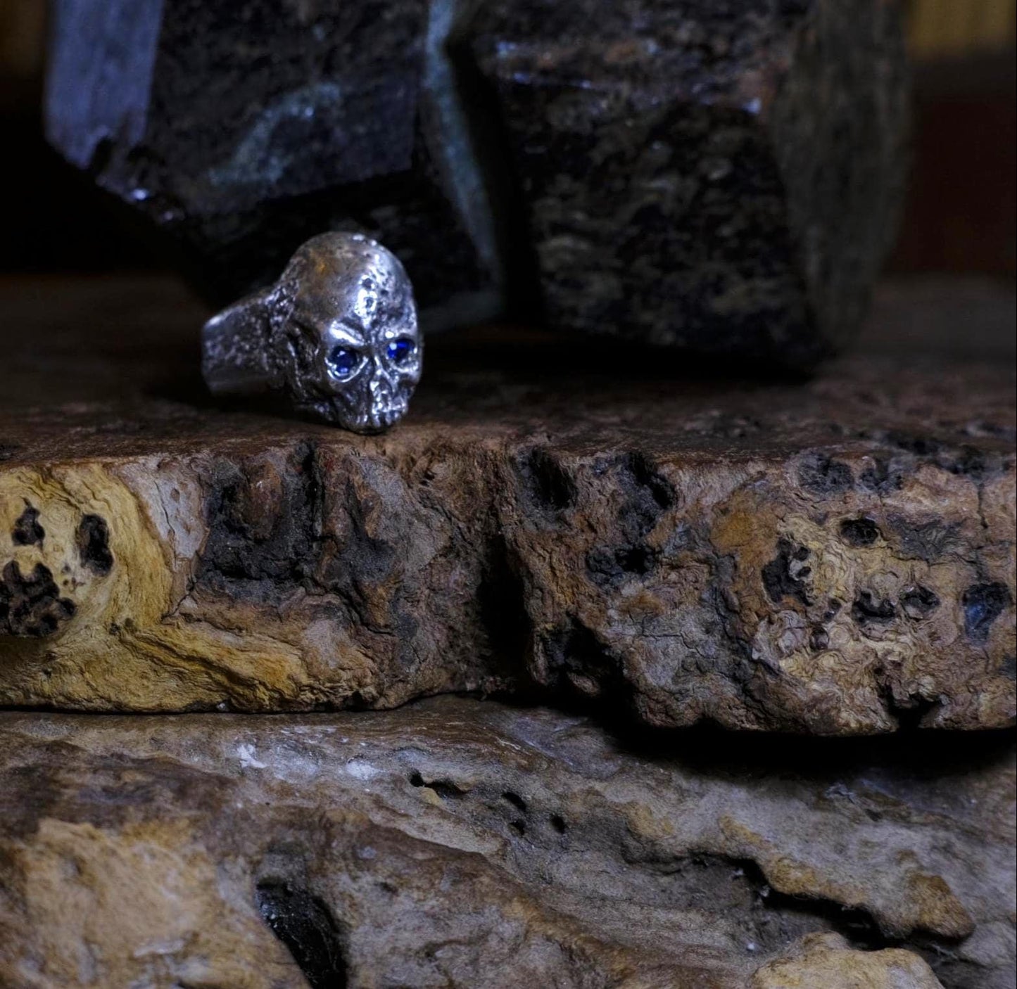 Diamond and Sapphire Sterling Silver Handcrafted Skull Ring US Size 13