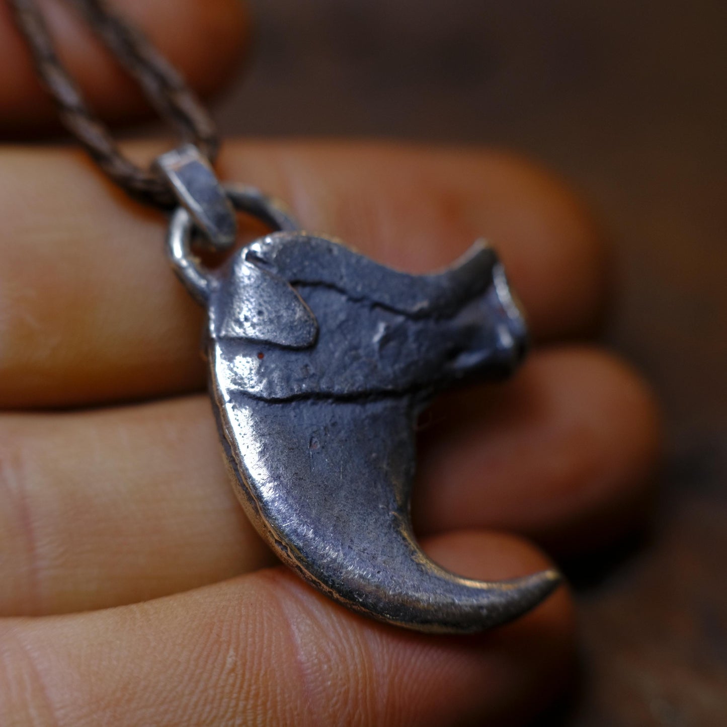 Sterling Silver Tiger Claw Pendant with Adjustable Hand Woven Style Necklace