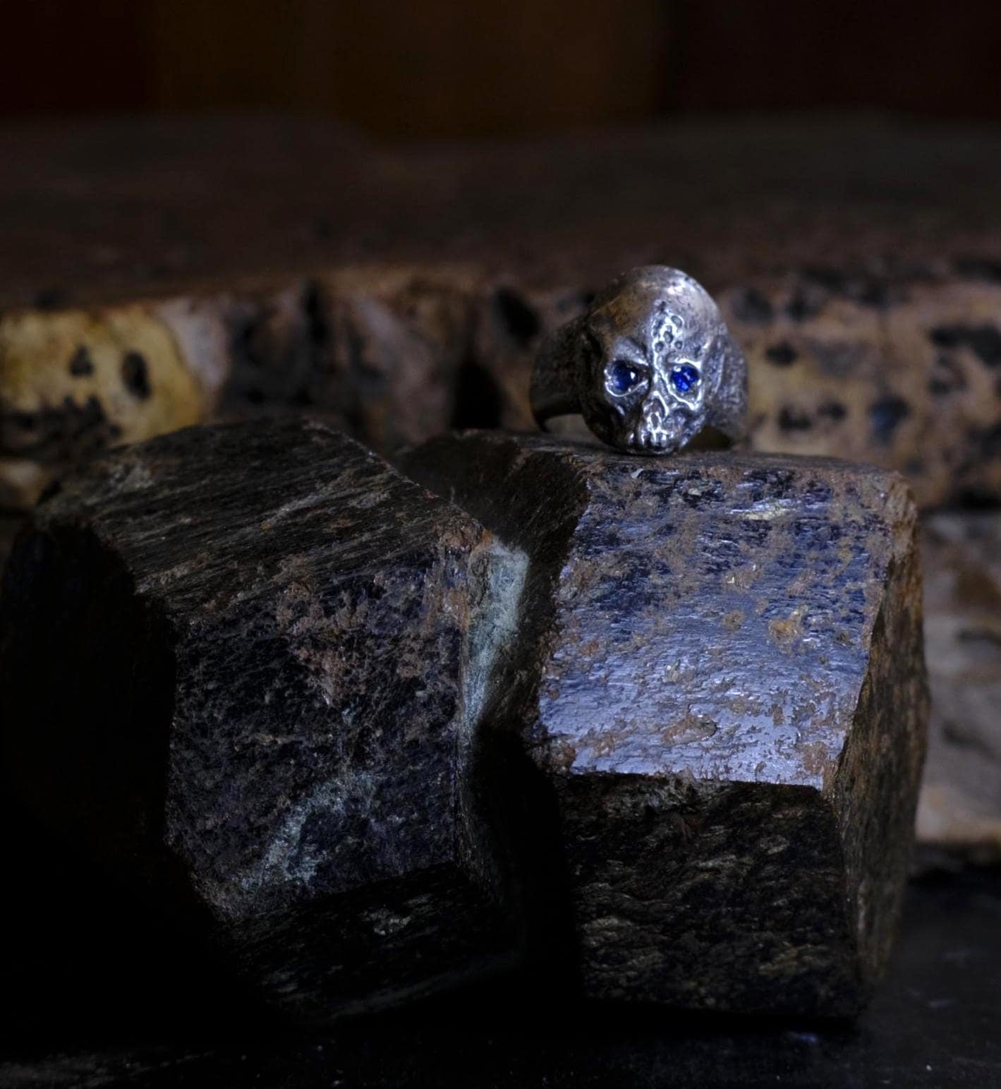 Diamond and Sapphire Sterling Silver Handcrafted Skull Ring US Size 13