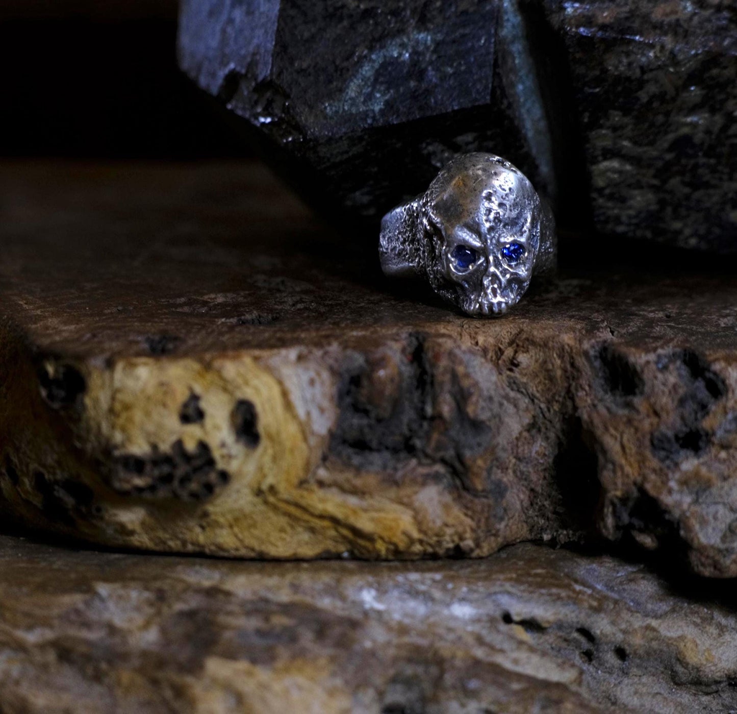 Diamond and Sapphire Sterling Silver Handcrafted Skull Ring US Size 13
