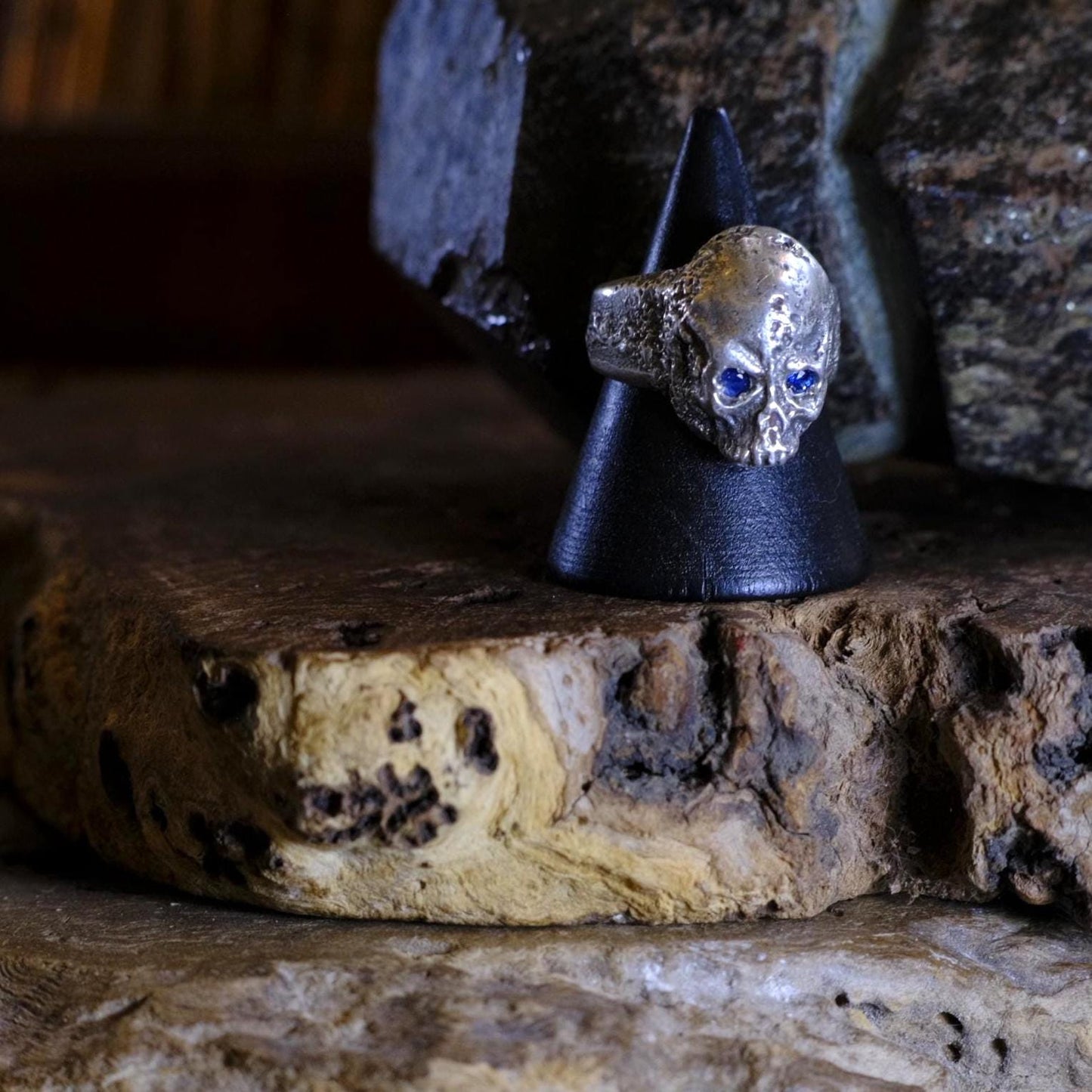 Diamond and Sapphire Sterling Silver Handcrafted Skull Ring US Size 13