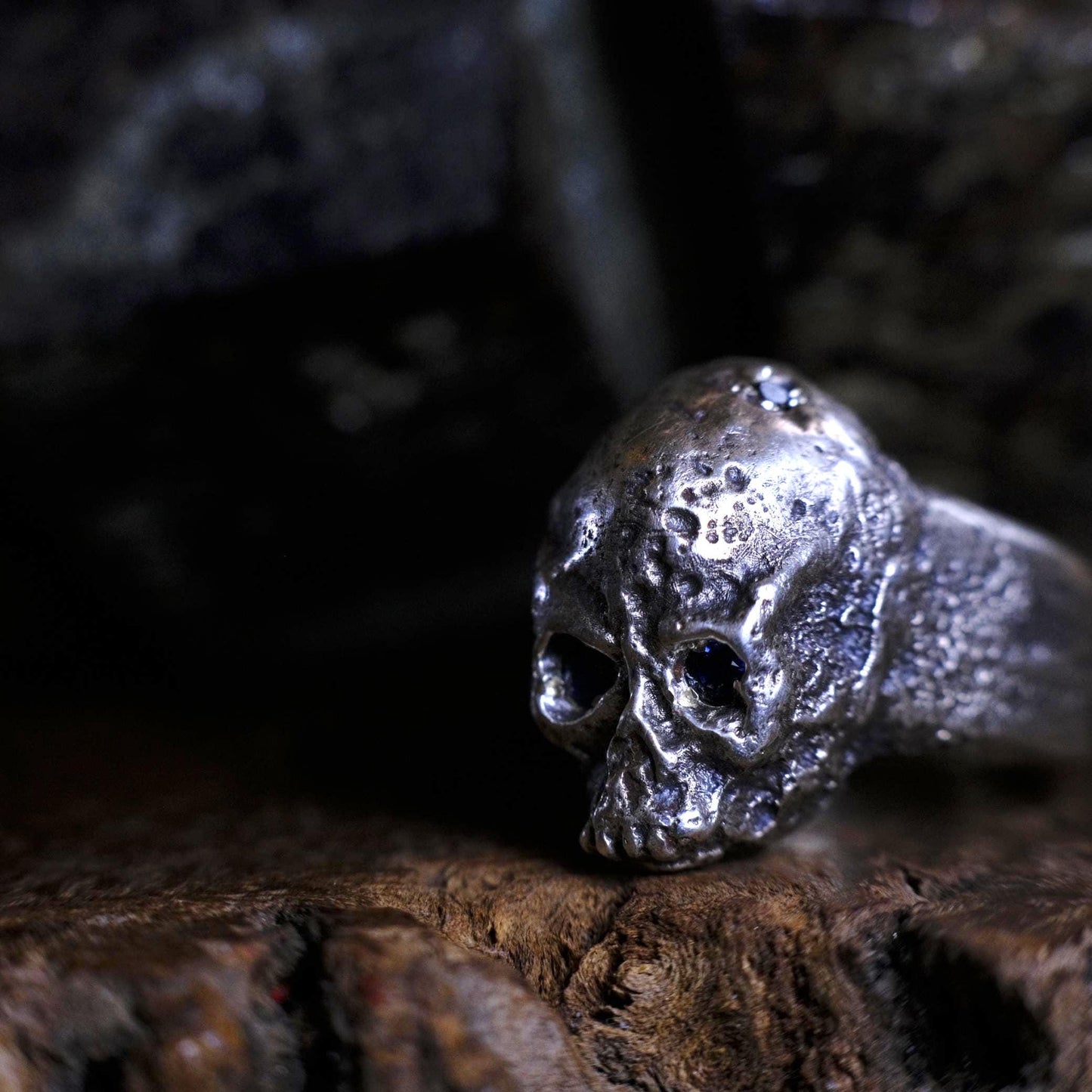 Diamond and Sapphire Sterling Silver Handcrafted Skull Ring US Size 13