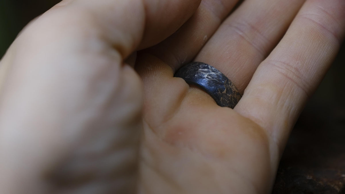 Rugged pointed sterling silver signet ring with handmade sand-cast texture