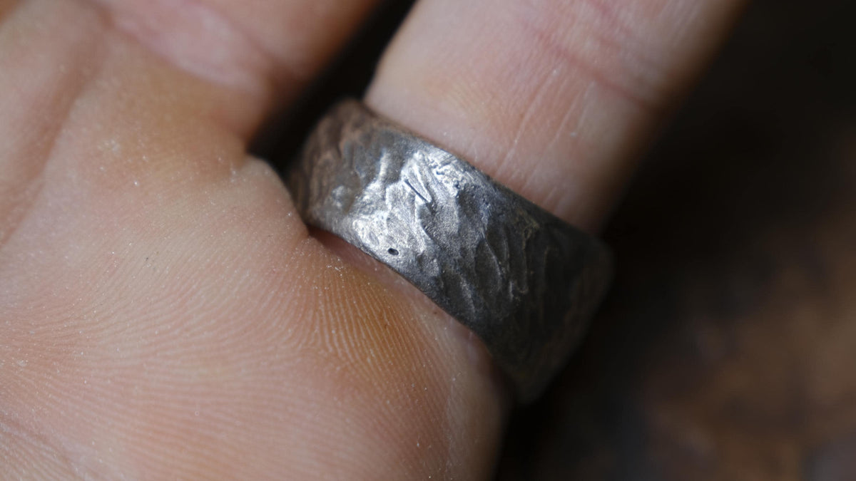Rugged square sterling silver signet ring with handmade sand-cast texture