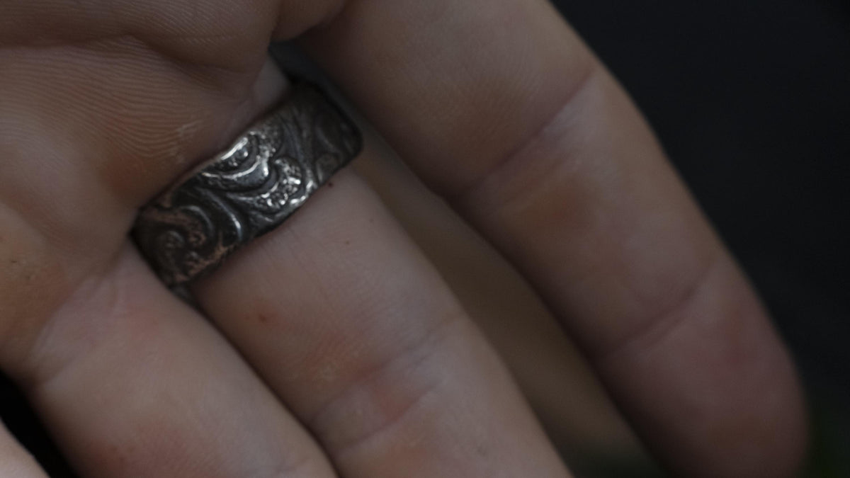 Wood Fossil Opal Ring In A Pirate Style Band US Size 10.5