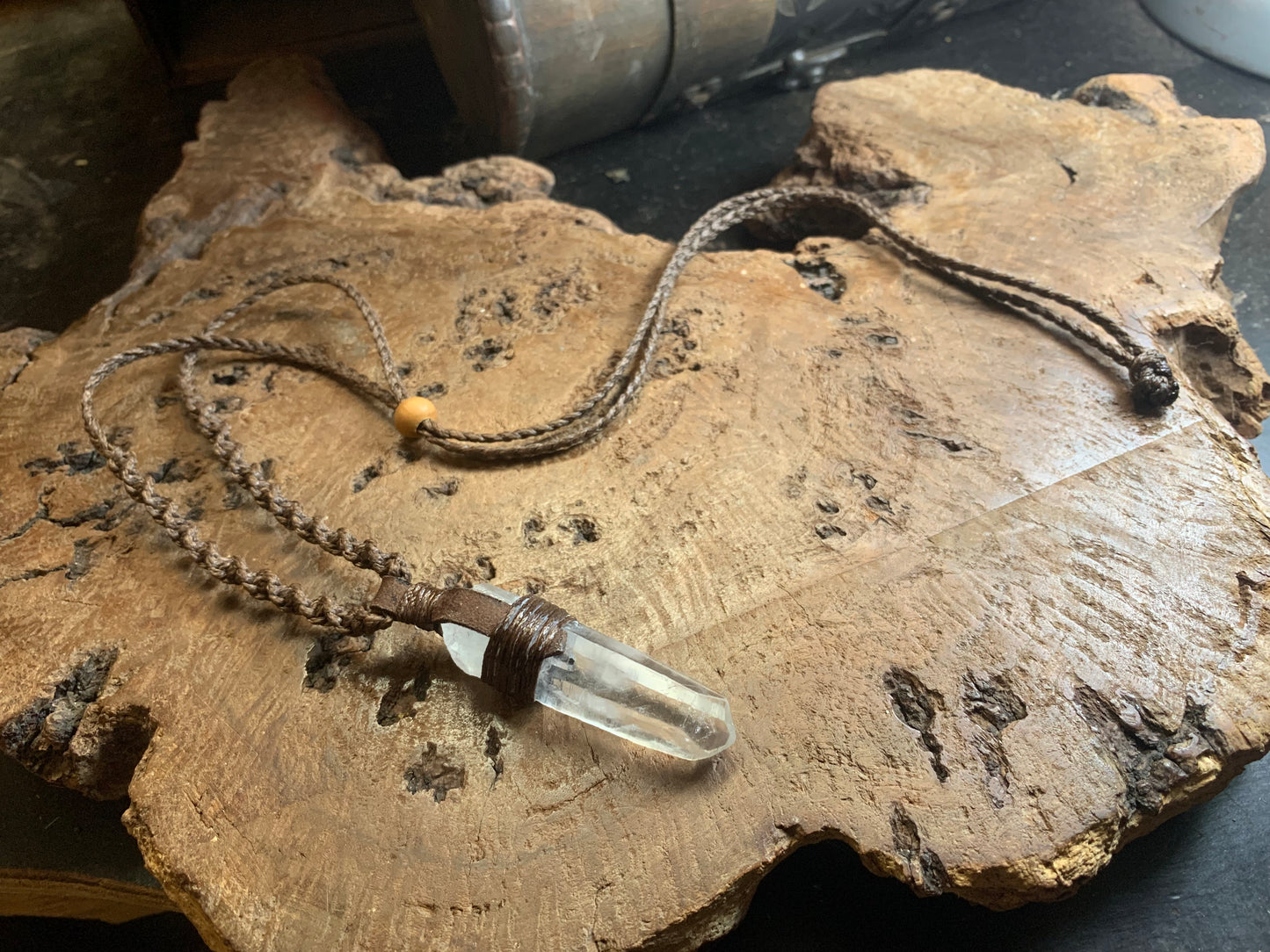 Clear Quartz Crystal Pendant with Adjustable Hand Woven Macrame Style Necklace Cord