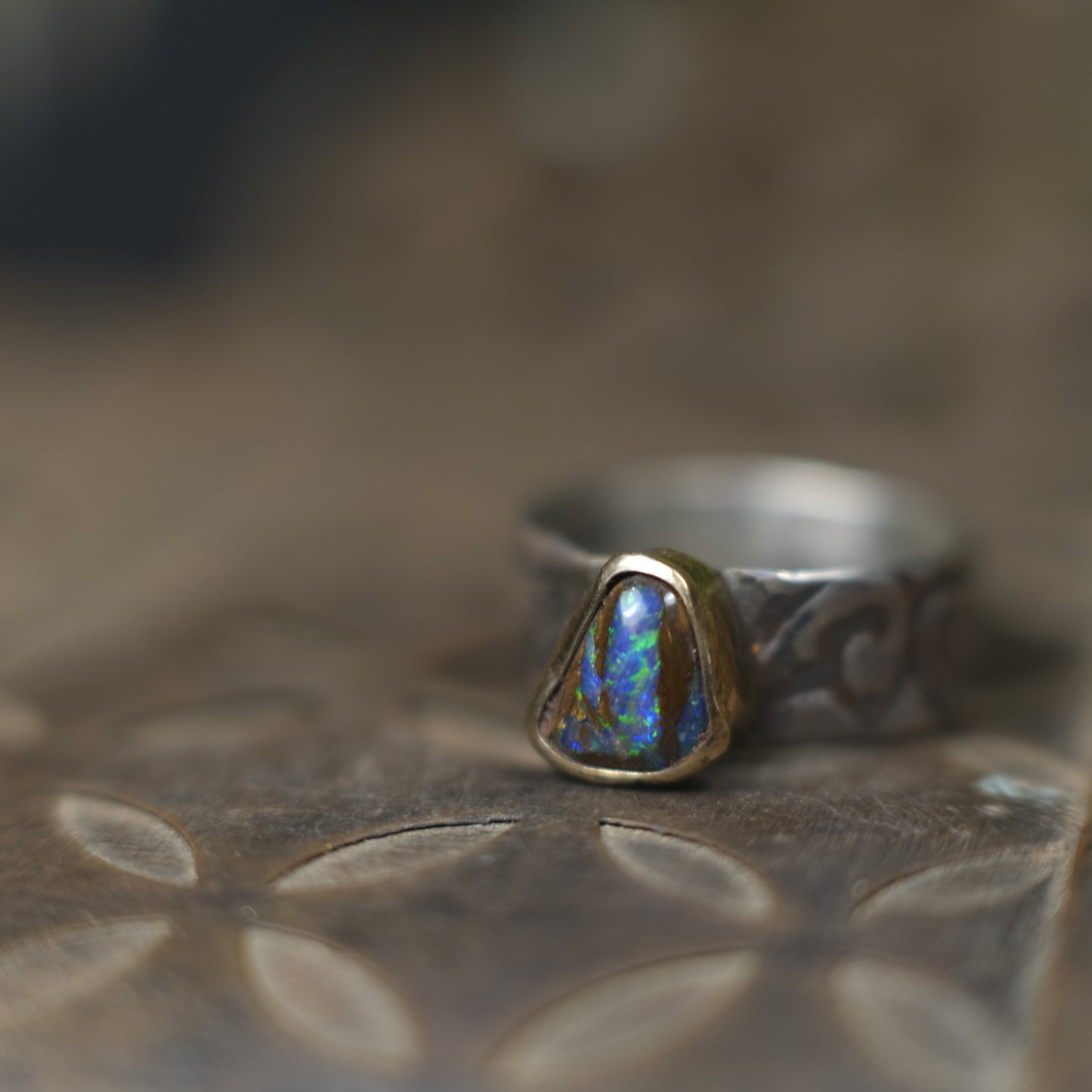 Electric Green And Blue Boulder Opal in Chunky Textured Gold and Silver Ring ~  Band US Size 9