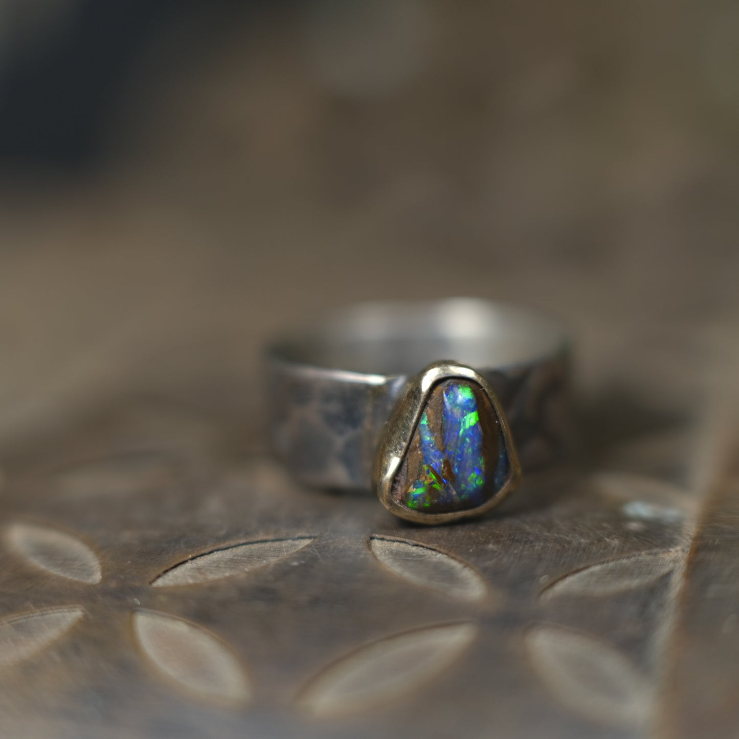 Electric Green And Blue Boulder Opal in Chunky Textured Gold and Silver Ring ~  Band US Size 9
