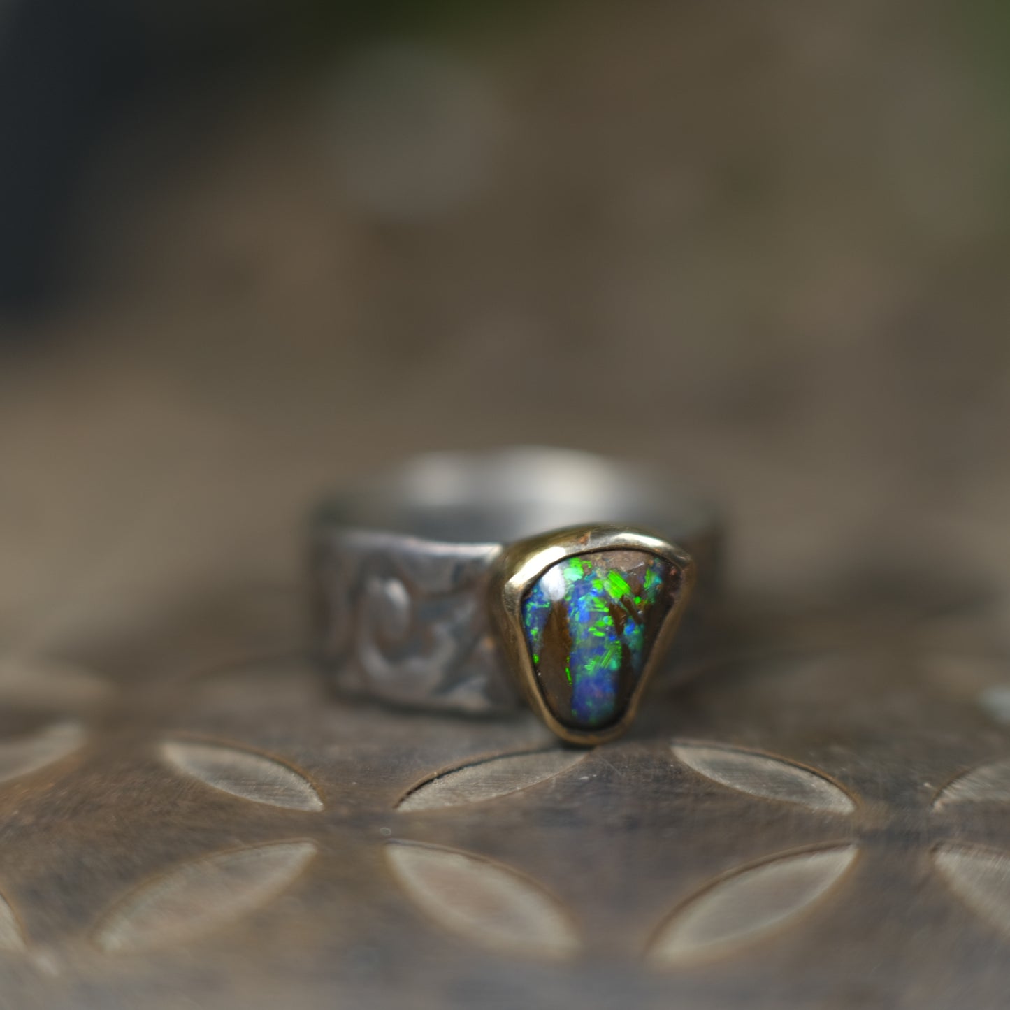 Electric Green And Blue Boulder Opal in Chunky Textured Gold and Silver Ring ~  Band US Size 9