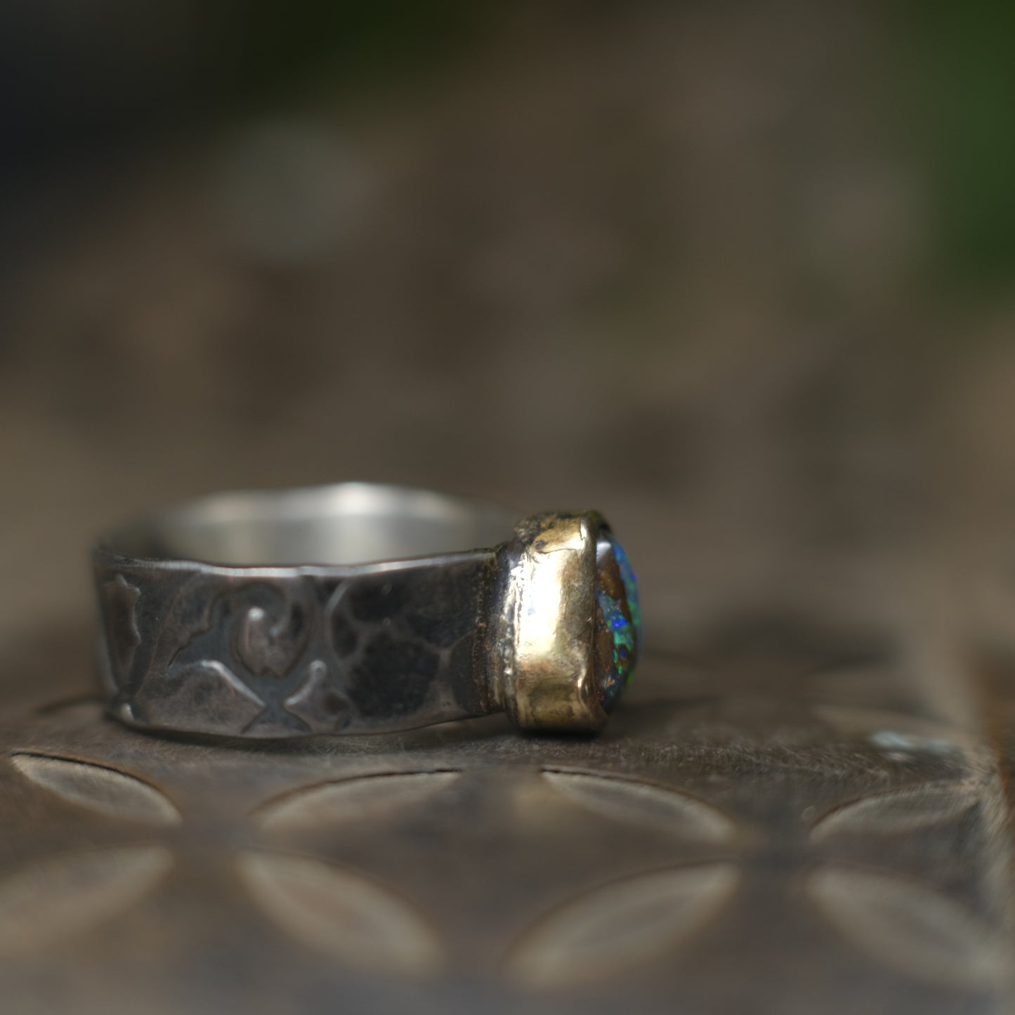 Electric Green And Blue Boulder Opal in Chunky Textured Gold and Silver Ring ~  Band US Size 9