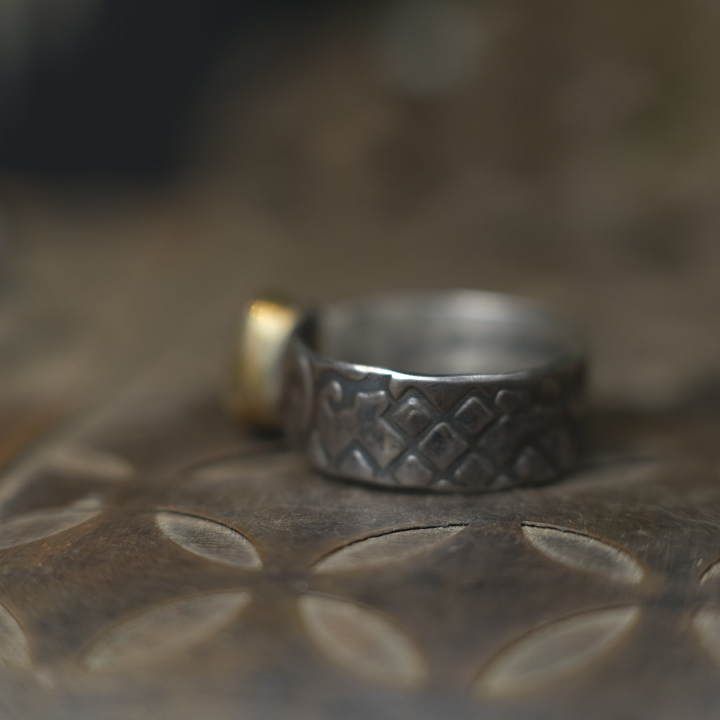 Electric Green And Blue Boulder Opal in Chunky Textured Gold and Silver Ring ~  Band US Size 9