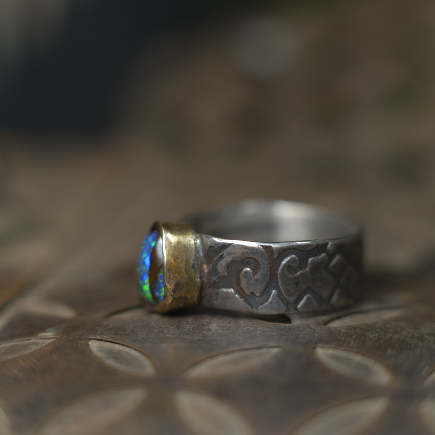 Electric Green And Blue Boulder Opal in Chunky Textured Gold and Silver Ring ~  Band US Size 9
