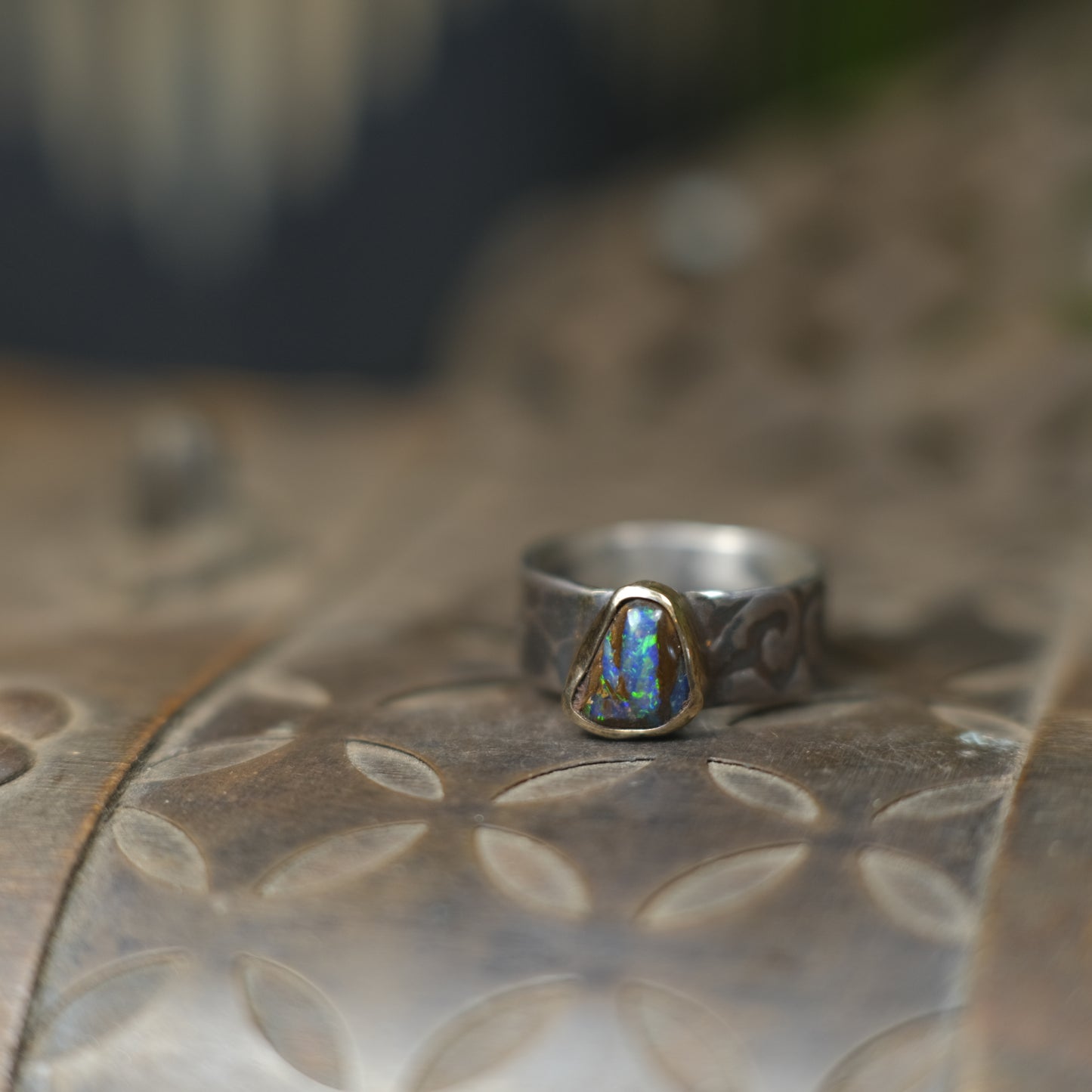 Electric Green And Blue Boulder Opal in Chunky Textured Gold and Silver Ring ~  Band US Size 9