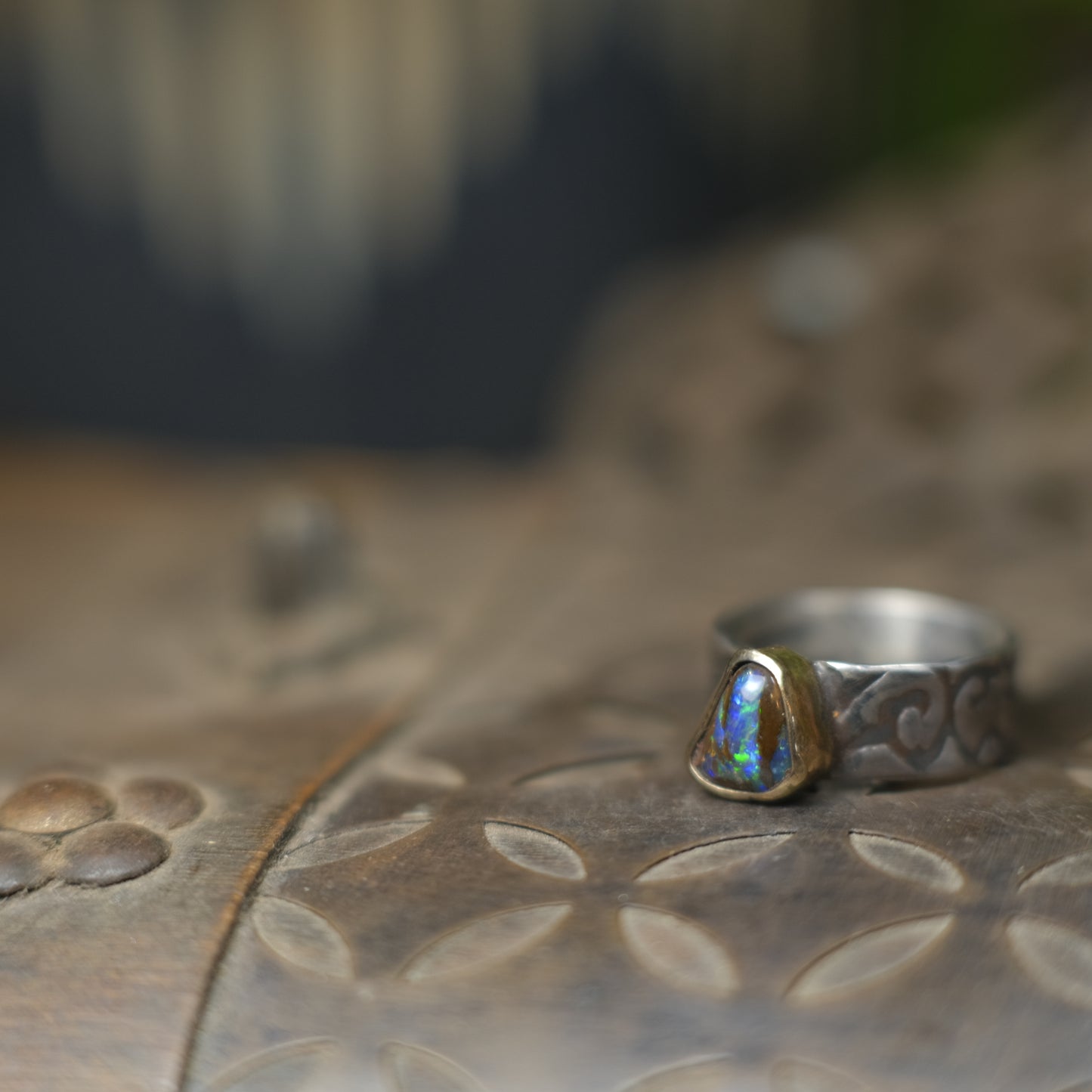 Electric Green And Blue Boulder Opal in Chunky Textured Gold and Silver Ring ~  Band US Size 9