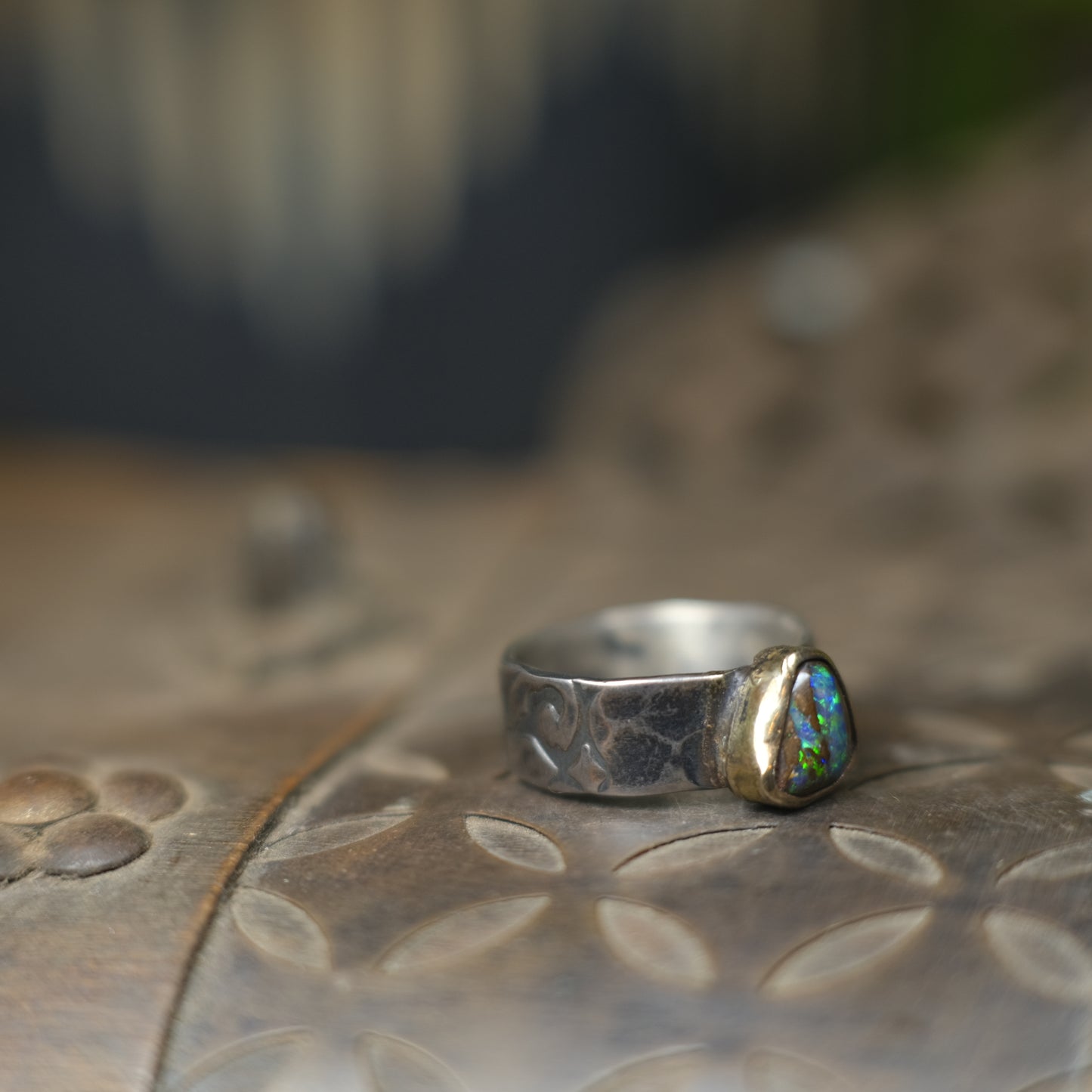 Electric Green And Blue Boulder Opal in Chunky Textured Gold and Silver Ring ~  Band US Size 9