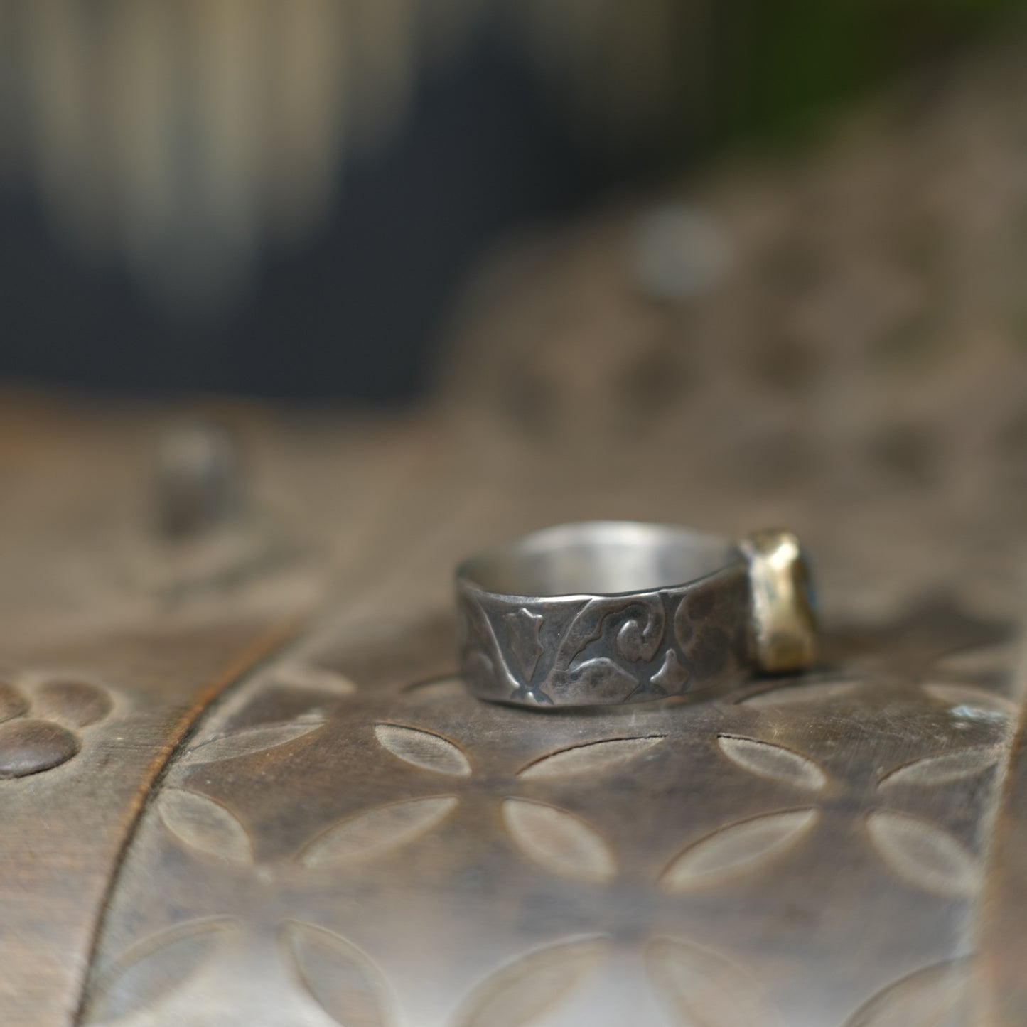 Electric Green And Blue Boulder Opal in Chunky Textured Gold and Silver Ring ~  Band US Size 9