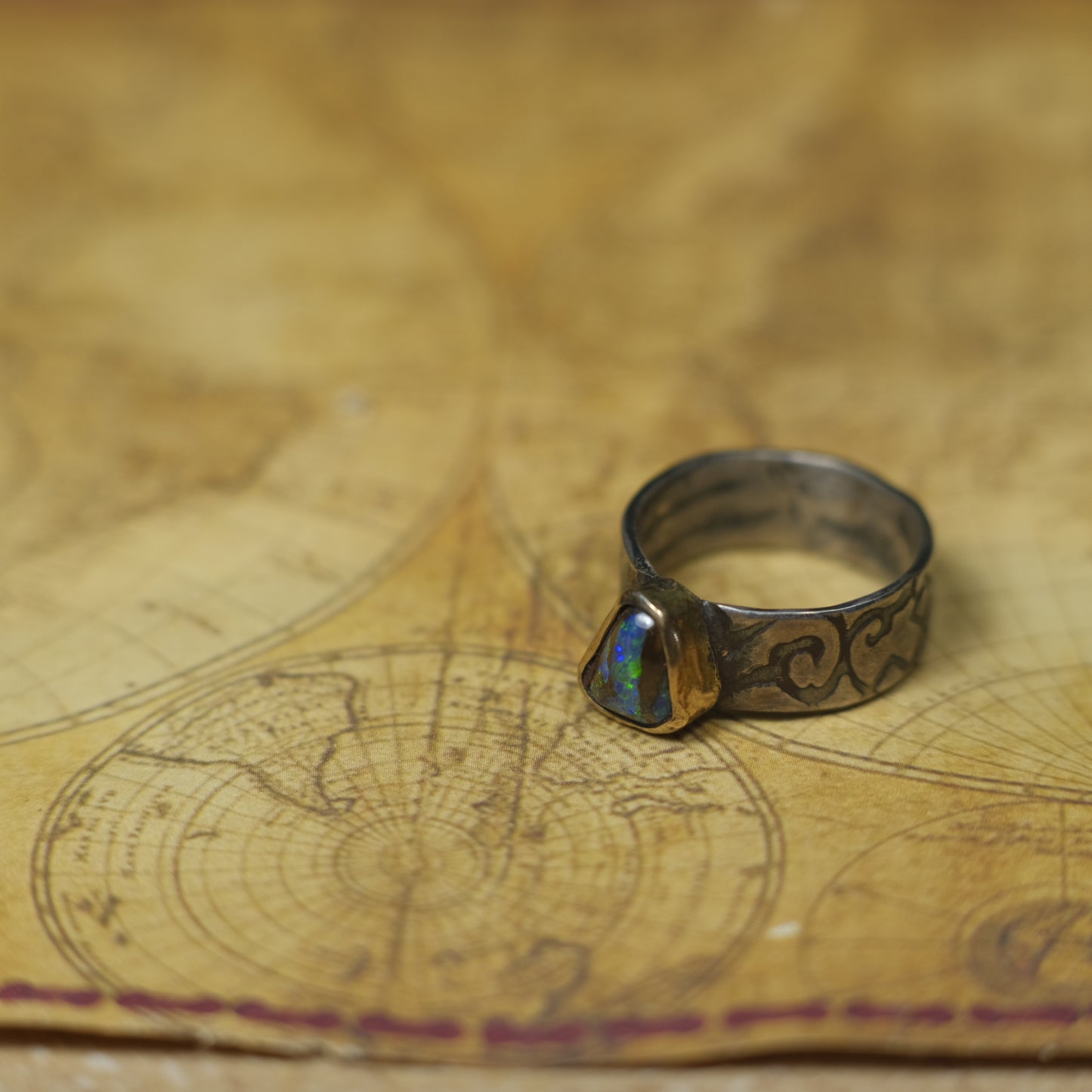 Electric Green And Blue Boulder Opal in Chunky Textured Gold and Silver Ring ~  Band US Size 9